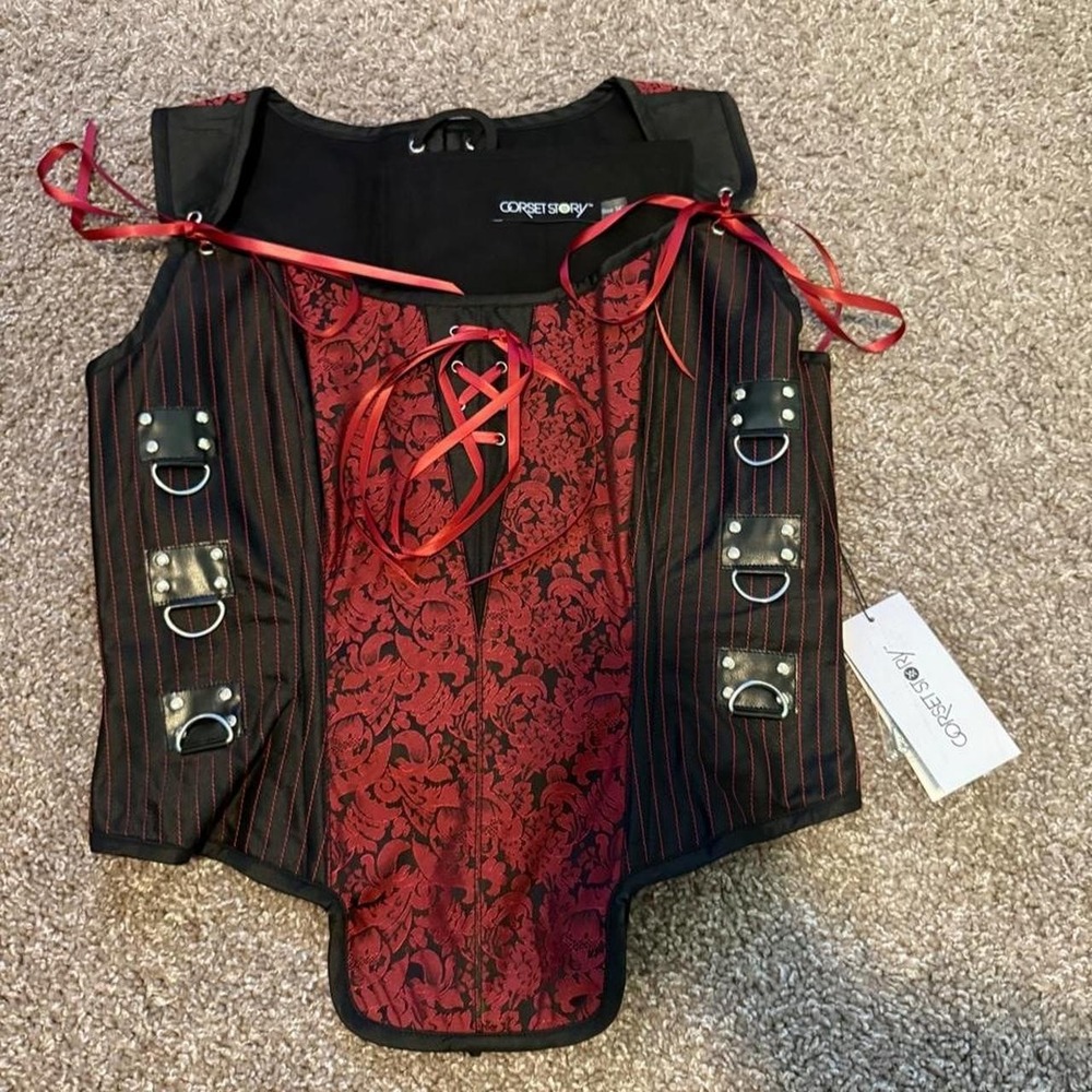 NWT Corset Story Red Black Brocade Longline Waist Training Corset 34"
